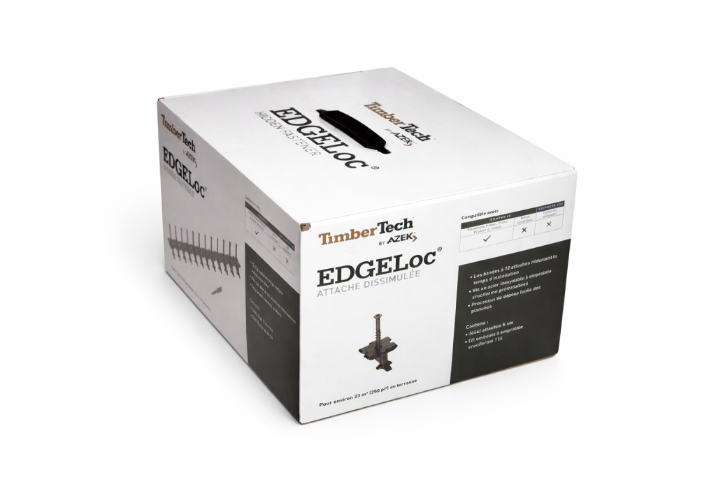 Boîte de clips cachés TimberTech EdgeLoc pour planchers composite, avec bandes collées visibles sur fond neutre