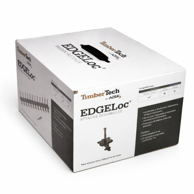 Boîte de clips cachés TimberTech EdgeLoc pour planchers composite, avec bandes collées visibles sur fond neutre