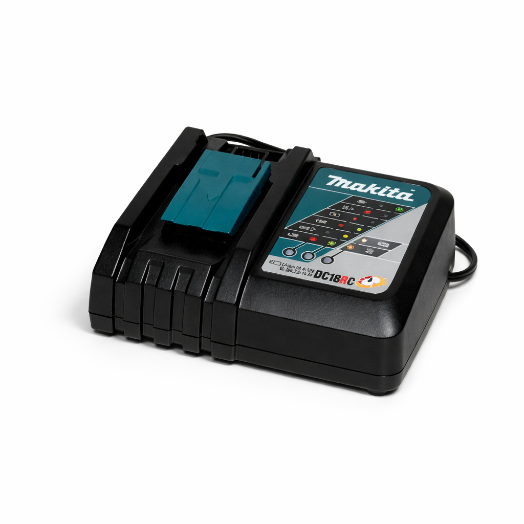 Chargeur Makita DC18RC 18 V LXT compact avec indicateurs LED sur fond neutre
