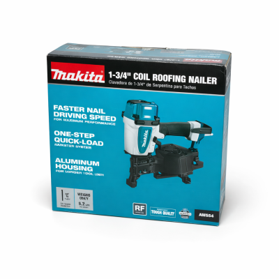 Cloueuse pneumatique Makita AN454 1 ¾ po à bobine pour toiture, vue latérale