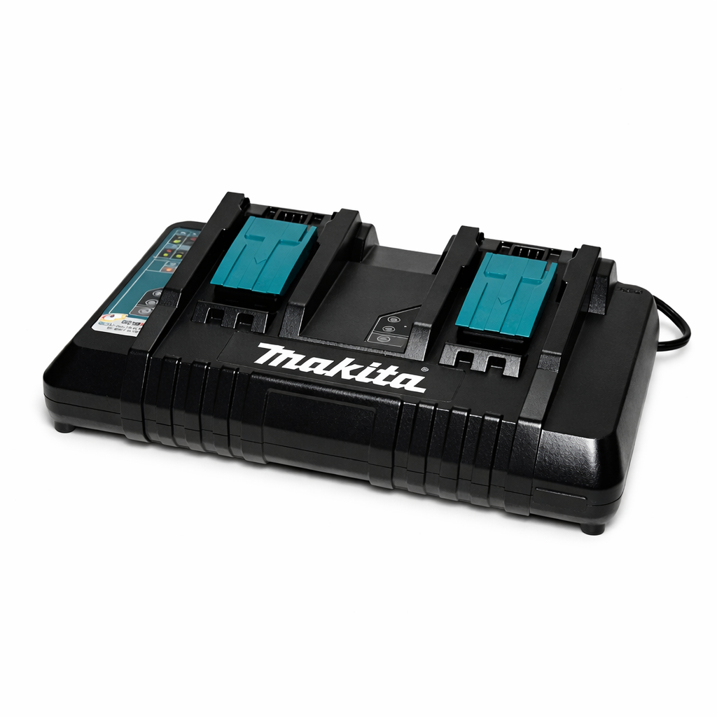 Chargeur Makita DC18RD double port avec voyants LED sur fond blanc, vue de dessus