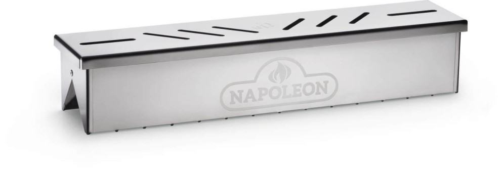 Fumoir en acier inoxydable Napoléon photographié sur fond blanc, vue détaillée avec couvercle ouvert.