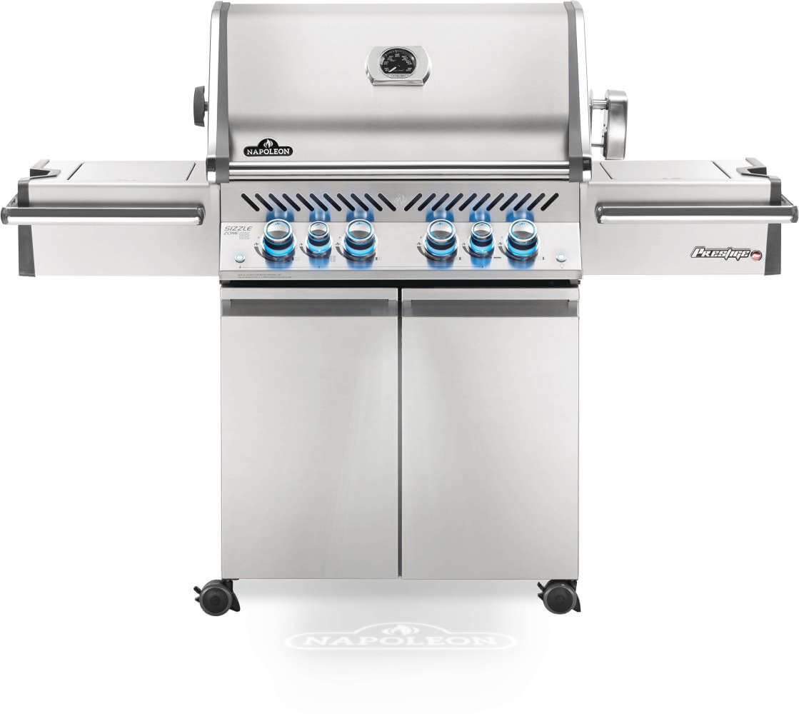 Gril Prestige 500 propane Napoleon photographié sur fond blanc avec mise au point sur les brûleurs latéral et arrière infrarouges