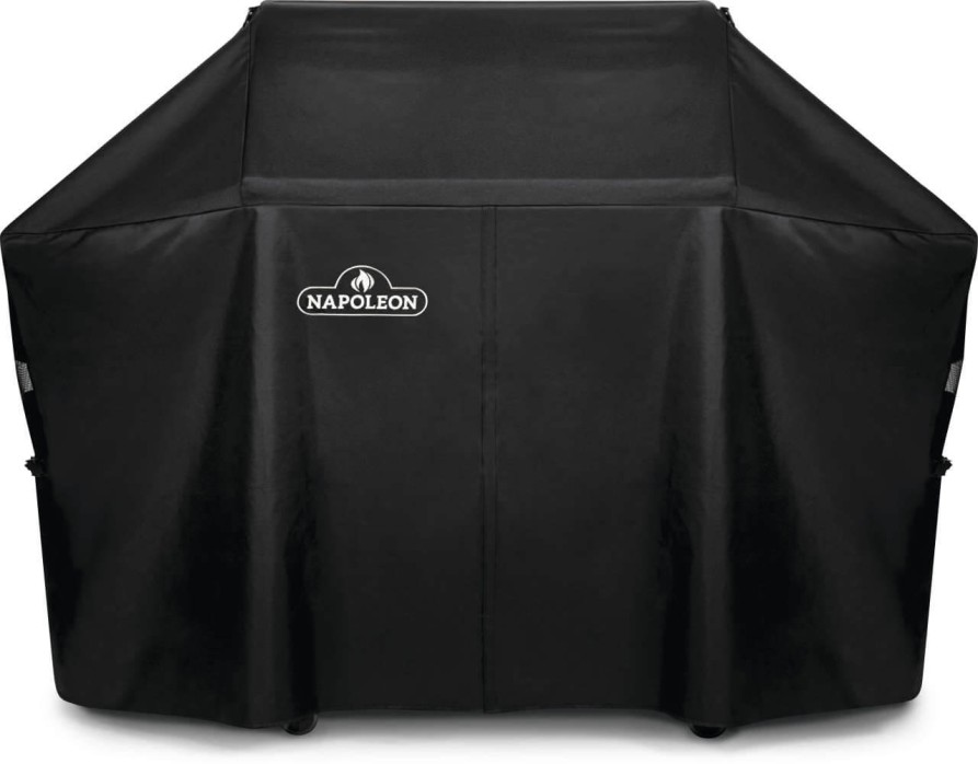 Housse pour BBQ Napoléon Prestige 500 photographiée sur fond blanc avec mise au point sur les sangles de fixation et la ventilation arrière
