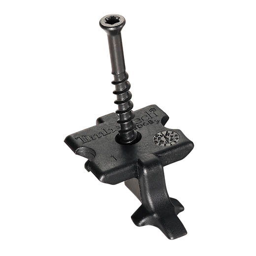 Boîte de clips cachés TimberTech EdgeLoc pour planchers composite, avec bandes collées visibles sur fond neutre