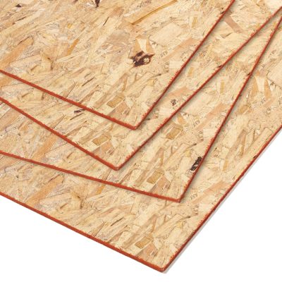 Panneau LP OSB 7/16 po 4x8 sur fond neutre avec focus sur texture lamelles orientées