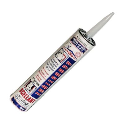 Scellant acoustique Weathershield 300 ml noir sur fond blanc avec mise au point sur la cartouche