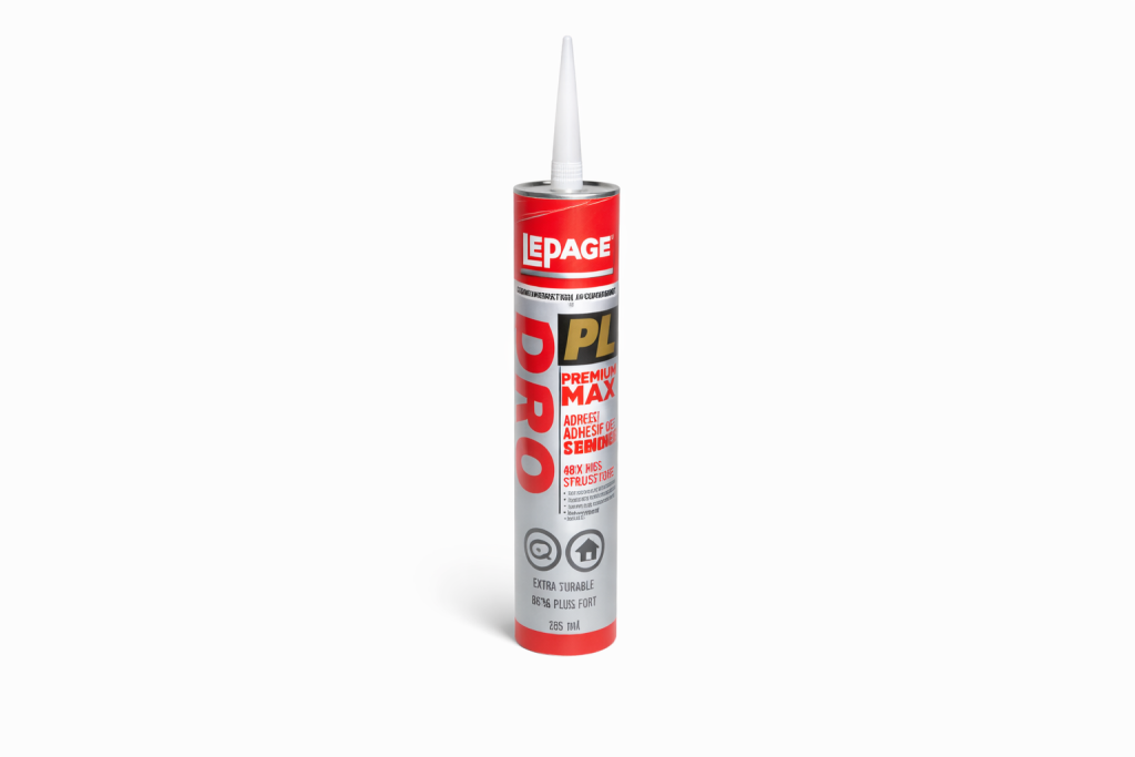 LePage PL400 825 ml sur fond blanc, vue de face sur la cartouche et l’étiquette technique