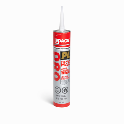 LePage PL400 825 ml sur fond blanc, vue de face sur la cartouche et l’étiquette technique