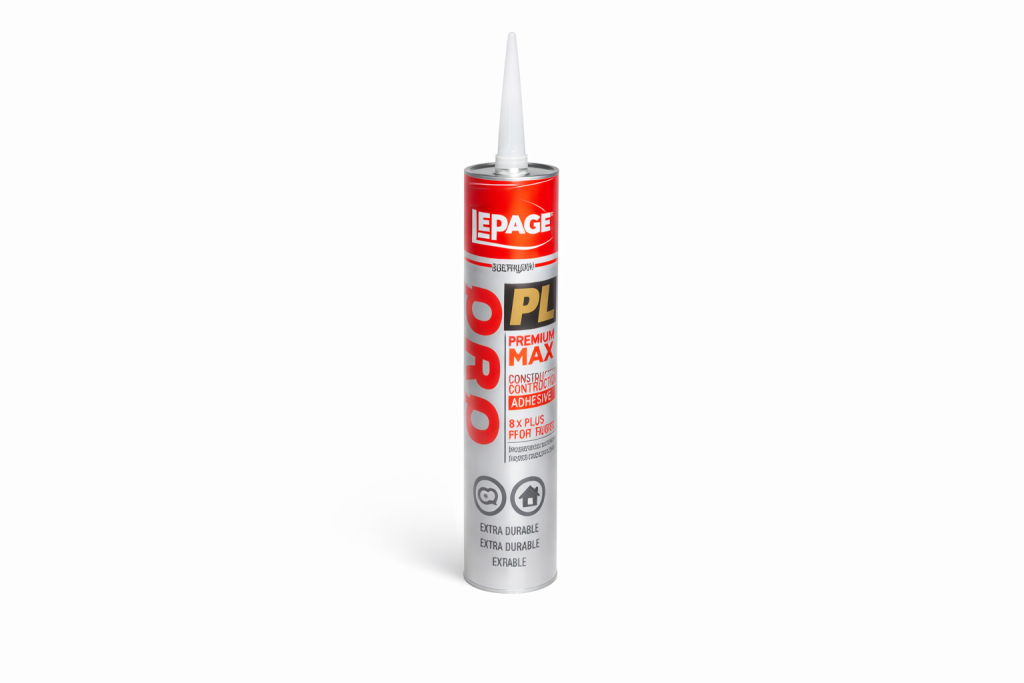 LePage PL400 295 ml sur fond blanc, focus sur la cartouche et l’étiquette technique
