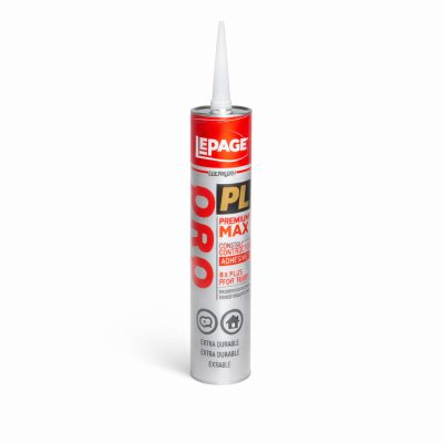LePage PL400 295 ml sur fond blanc, focus sur la cartouche et l’étiquette technique