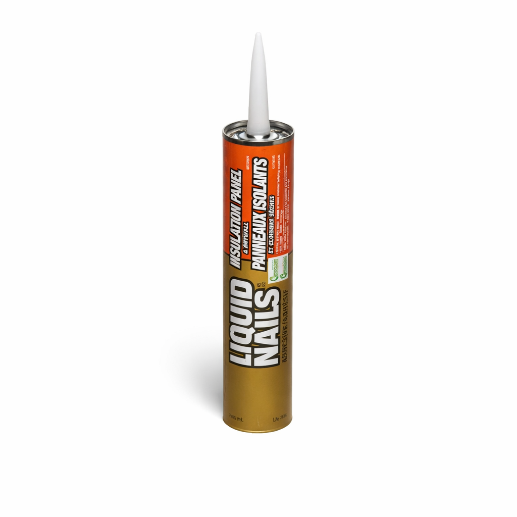 Adhésif pour panneaux isolants Liquid Nails LN704 296 ml sur fond blanc, vue de la cartouche et du logo
