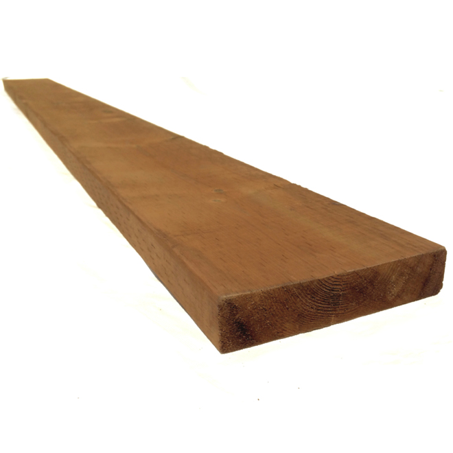 Bois traité brun Bossinotte Lumber 2 po x 8 po x 8 pi sur fond neutre avec mise au point sur la solidité et la texture