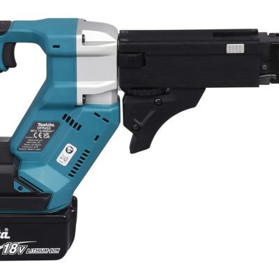 Makita DFR452ZX1 visseuse automatique sans fil 18 V LXT brushless sur fond blanc avec focus sur tête et poignée