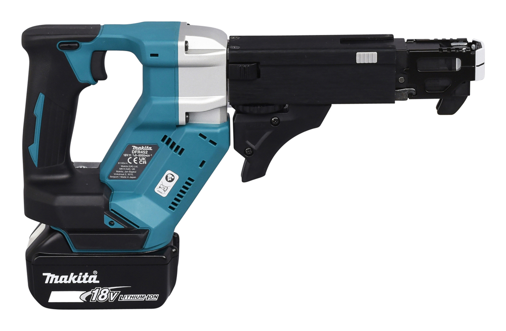 Makita DFR452ZX1 visseuse automatique sans fil 18 V LXT brushless sur fond blanc avec focus sur tête et poignée