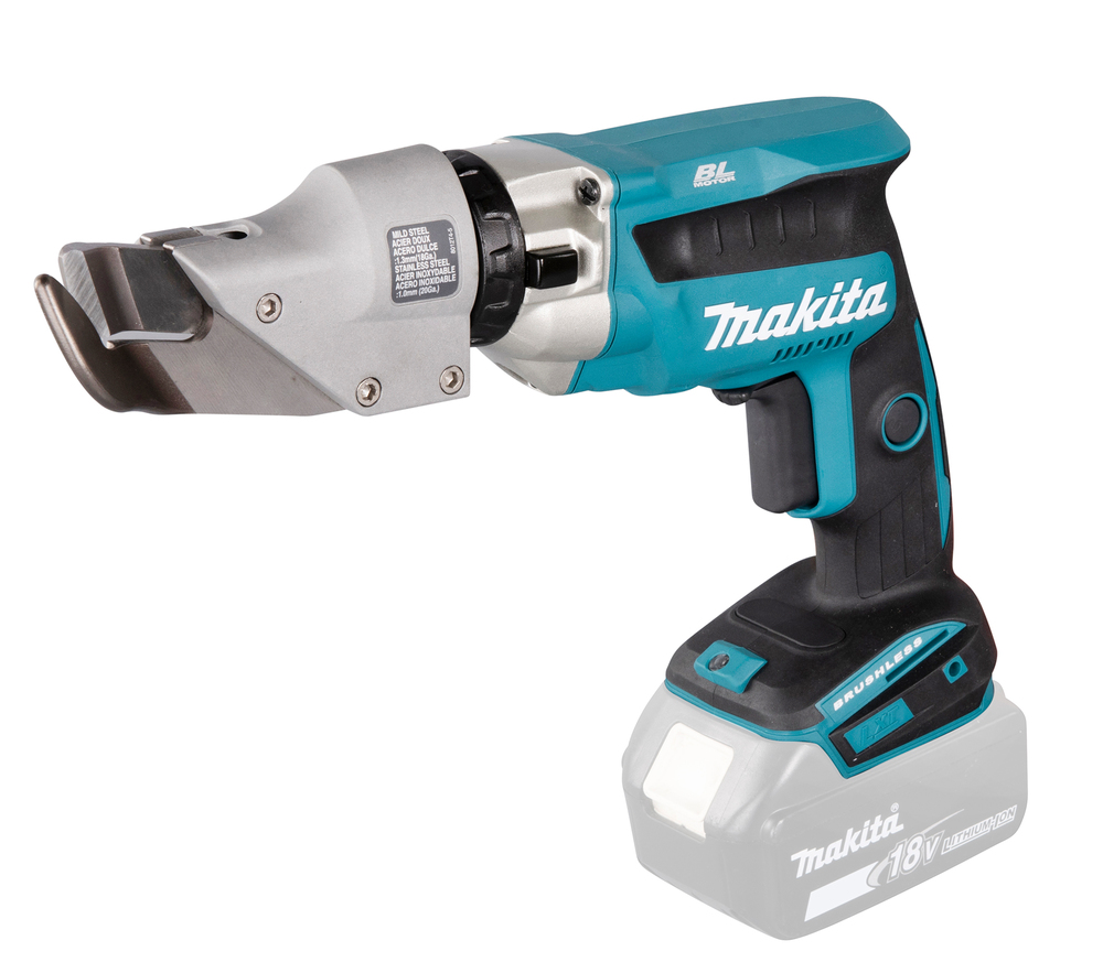 Makita DJS131Z cisaille à métal 18 V LXT brushless sur fond blanc avec mise au point sur tête pivotante et couteaux double