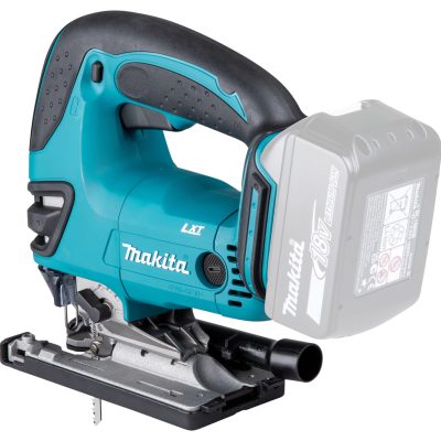 Scie sauteuse Makita DJV180 18 V LXT photographiée sur fond neutre avec mise au point sur la semelle et la lame