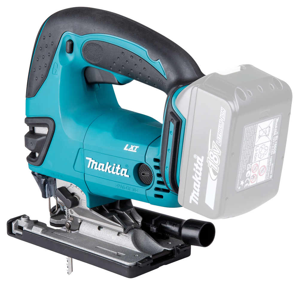 Scie sauteuse Makita DJV180 18 V LXT photographiée sur fond neutre avec mise au point sur la semelle et la lame