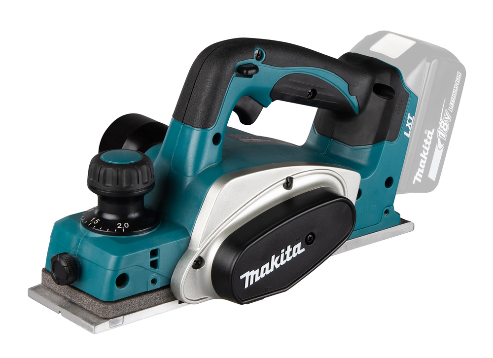 Makita DKP180Z rabot sans fil 18V LXT 82 mm sur fond blanc avec vue latérale ergonomique