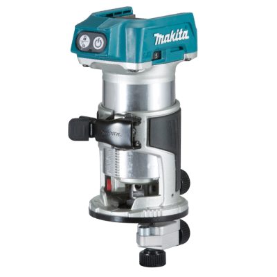 Makita DRT50ZX4 toupie sans fil 18 V LXT brushless sur fond blanc avec focus sur tête et arbre.