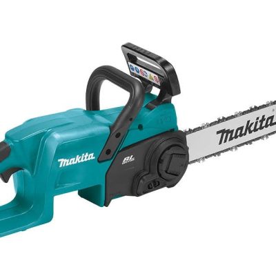 Scie à chaîne Makita DUC407ZX2 18V LXT 16 pouces sur fond blanc vue latérale