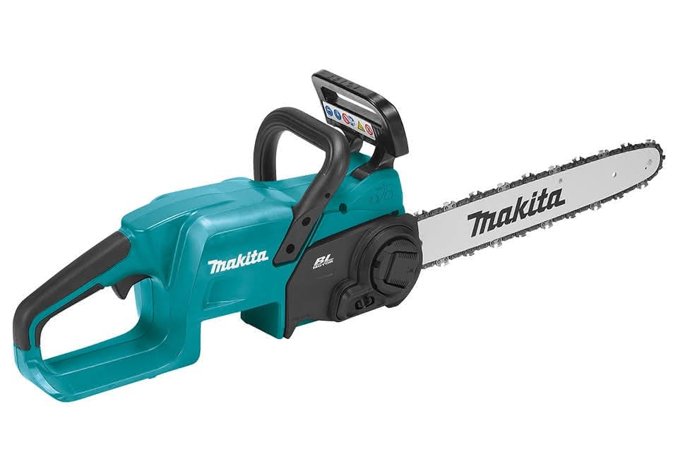 Scie à chaîne Makita DUC407ZX2 18V LXT 16 pouces sur fond blanc vue latérale