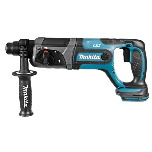 Makita DHR241Z marteau rotatif sans-fil 18 V SDS-Plus sur fond blanc avec mise au point sur la tête et la poignée ergonomique