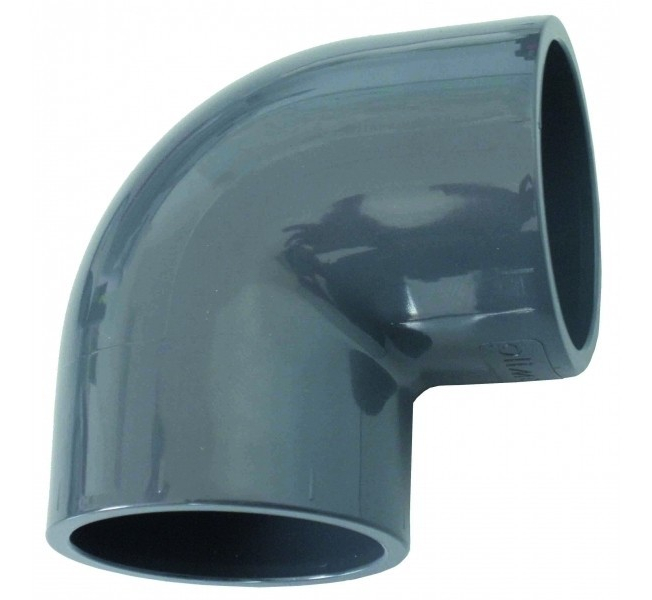 Coude PVC 90° long rayon BNQ 4 po 040214 sur fond neutre avec focus sur courbure