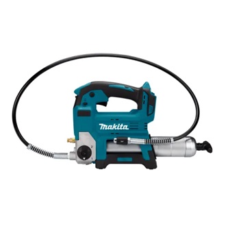 Pistolet à graisse sans fil Makita DGP180Z 18 V LXT sur fond blanc avec focus sur tuyau et poignée ergonomique