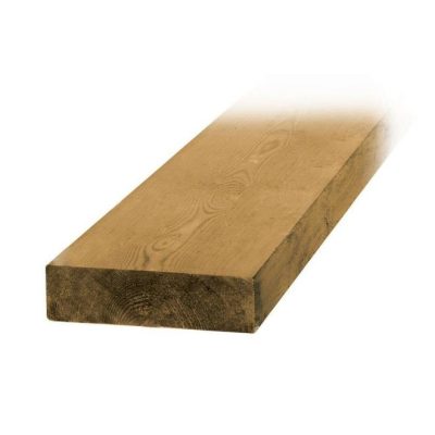 Bois traité brun Bossinotte Lumber 2 po x 6 po x 16 pi sur fond neutre avec mise au point sur la solidité et la largeur