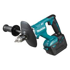 Mélangeur sans fil Makita DUT131Z 18 V brushless sur fond blanc avec focus sur mandrin et poignée