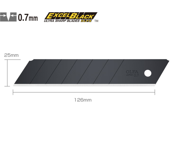 Boîte Olfa lames noires 25 mm lot de vingt sur fond neutre vue de face