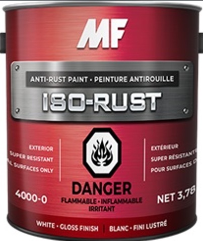 Peinture MF antirouille rouge feu 3,78 L photographiée sur fond neutre avec vue sur l’étiquette