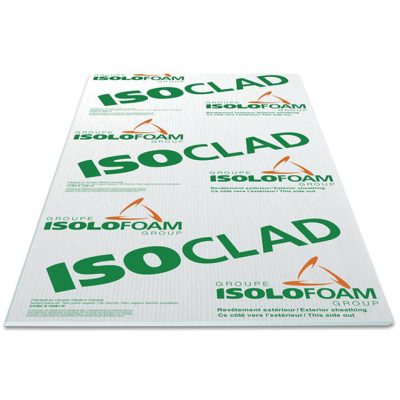 Panneau isolant Isoclad 1.5 pouces 4x9 pieds polystyrène expansé sur fond neutre vue de face