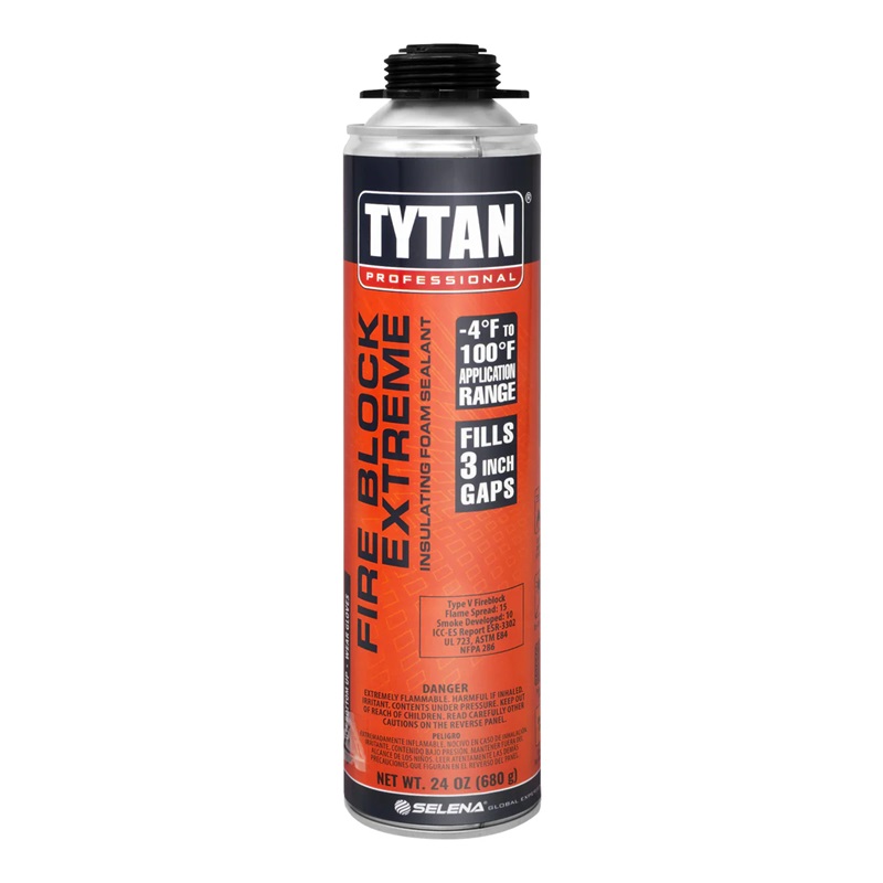Canette TYTAN Fire Block Extreme 24 oz mousse uréthane orange sur fond neutre, vue de côté