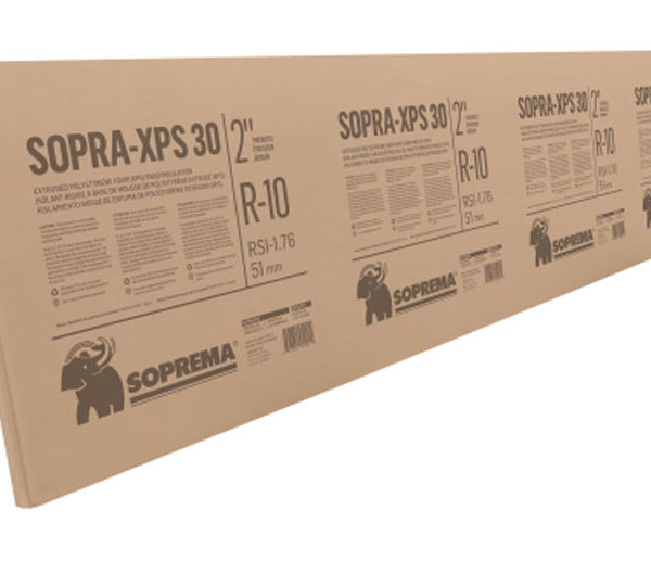 Panneau Soprema Sopra‑XPS 30 1 1/2 po 2x8 mousse polystyrène extrudé XPS sur fond neutre