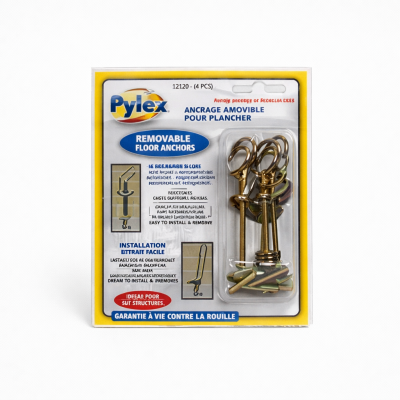 Pack de 4 ancrages à plancher amovibles métalliques sur fond blanc pour fixation temporaire.