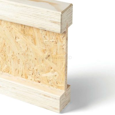 Poutrelle en I MAX‑CORE IB400 2½ po x 9½ po x 18 pi photographiée sur fond neutre avec mise au point sur la section transversale et semelles bois