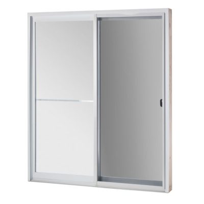 Porte patio R-540 Astral 58 1/2 x 81" deux panneaux OX photographiée sur fond neutre avec mise au point sur le vitrage Low Argon et la structure
