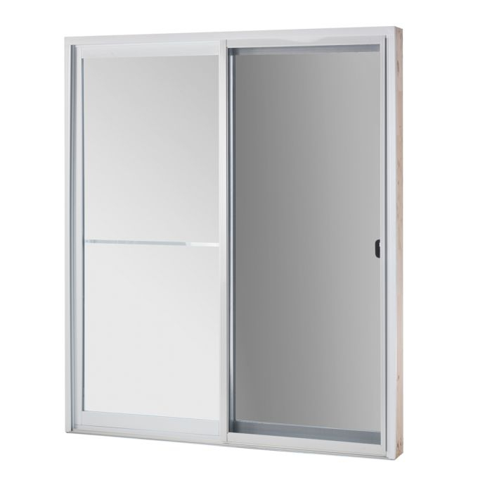 Porte patio R-540 Astral 58 1/2 x 81" deux panneaux OX photographiée sur fond neutre avec mise au point sur le vitrage Low Argon et la structure