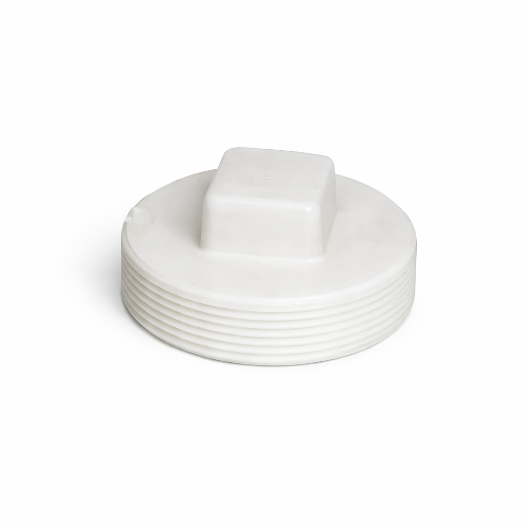 Bouchon fileté BNQ 4 po 040924 en PVC blanc pour drainage sur fond neutre