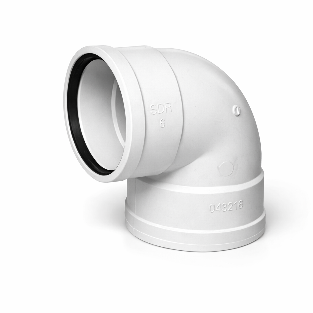 IPEX 043216 coude PVC 90 degrés SDR 6 po sur fond blanc mise au point sur raccord gasketed