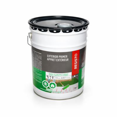 Résisto apprêt extérieur 18,9 L vert sur fond neutre mise au point sur le contenant et la texture liquide.