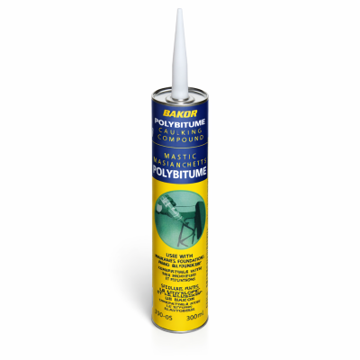 BAKOR Polybitume mastic d’étanchéité 300 ml sur fond neutre avec focus sur la cartouche et l’étiquette.