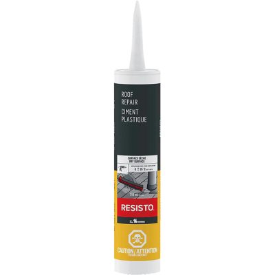 Résisto ciment plastique 310 ml mastic tout usage pour réparation et étanchéité sur fond blanc.