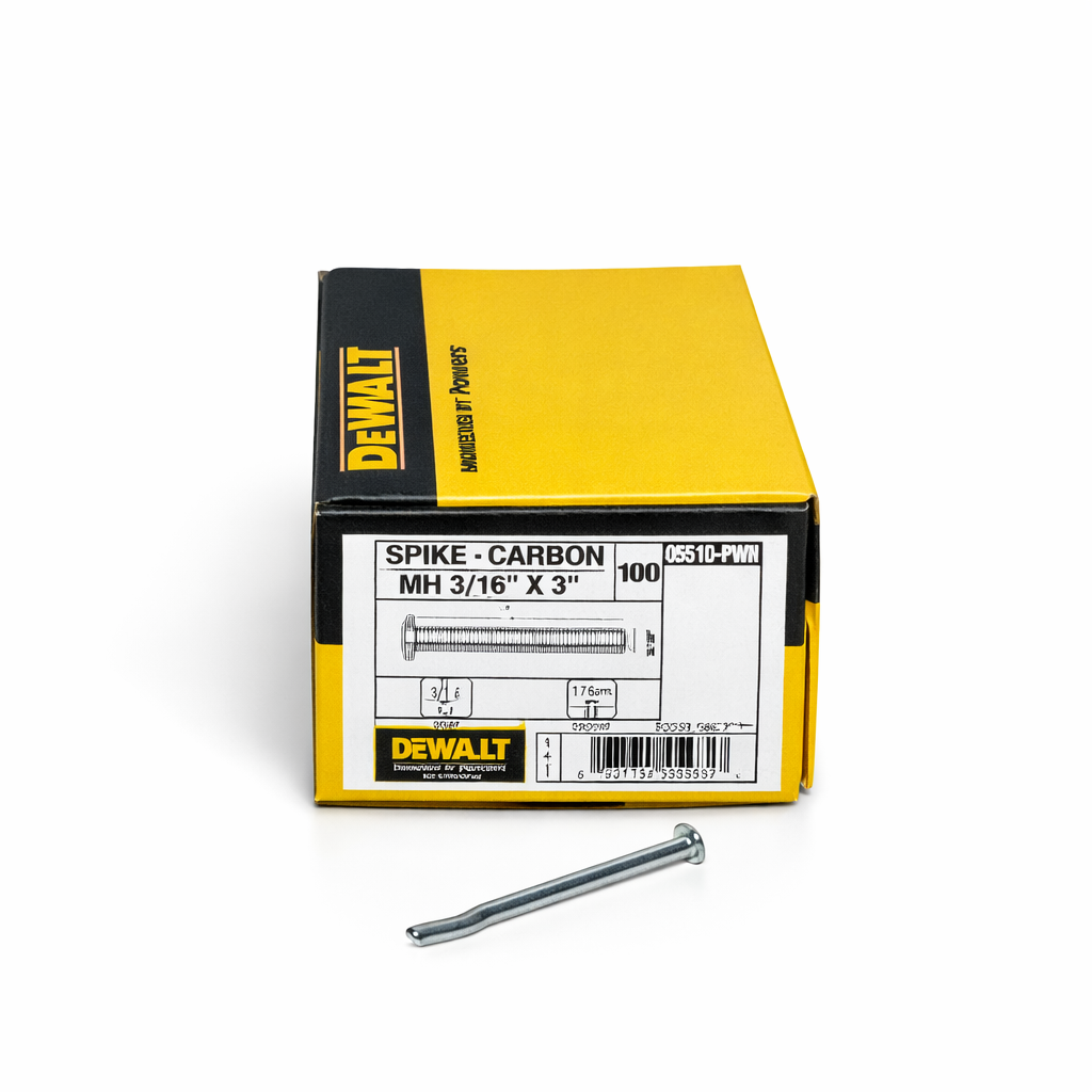 Ancrage à béton Spike Carbon MH 3/16" x 3" 100 pcs photographié sur fond blanc avec mise au point sur la pointe Spike et le filetage