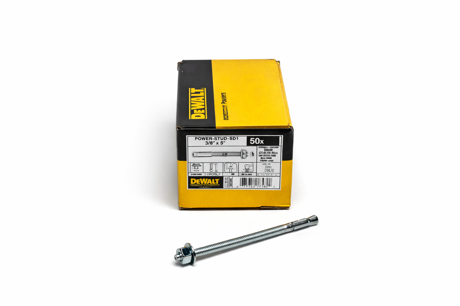 Ancrage à béton Power-Stud SD1 3/8" x 5" 50 pcs photographié sur fond blanc avec mise au point sur la tête et le filetage