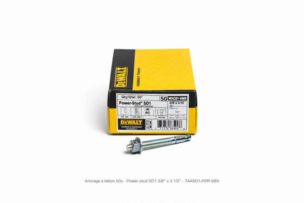 Ancrage à béton Power-Stud SD1 3/8" x 3 1/2" 50 pcs photographié sur fond blanc avec mise au point sur la tête et le filetage