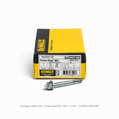 Ancrage à béton Power-Stud SD1 3/8" x 3 1/2" 50 pcs photographié sur fond blanc avec mise au point sur la tête et le filetage