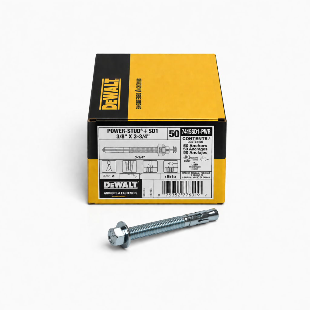 Ancrage à béton Power-Stud SD1 3/8" x 3 3/4" 50 pcs photographié sur fond blanc avec mise au point sur la tête et le filetage